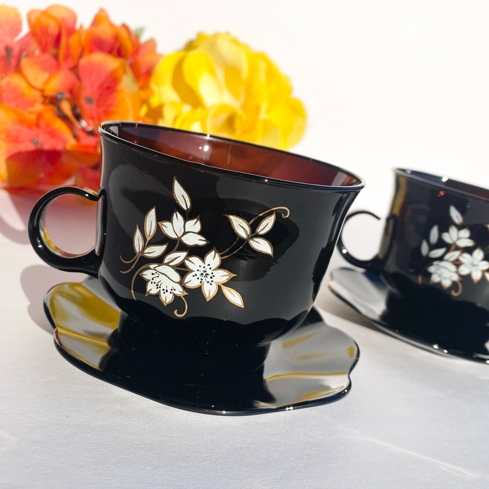 Vintage Teacup Saucer Glass Gold Floral Daisy Teatime Retro Coffee MCM Teacup